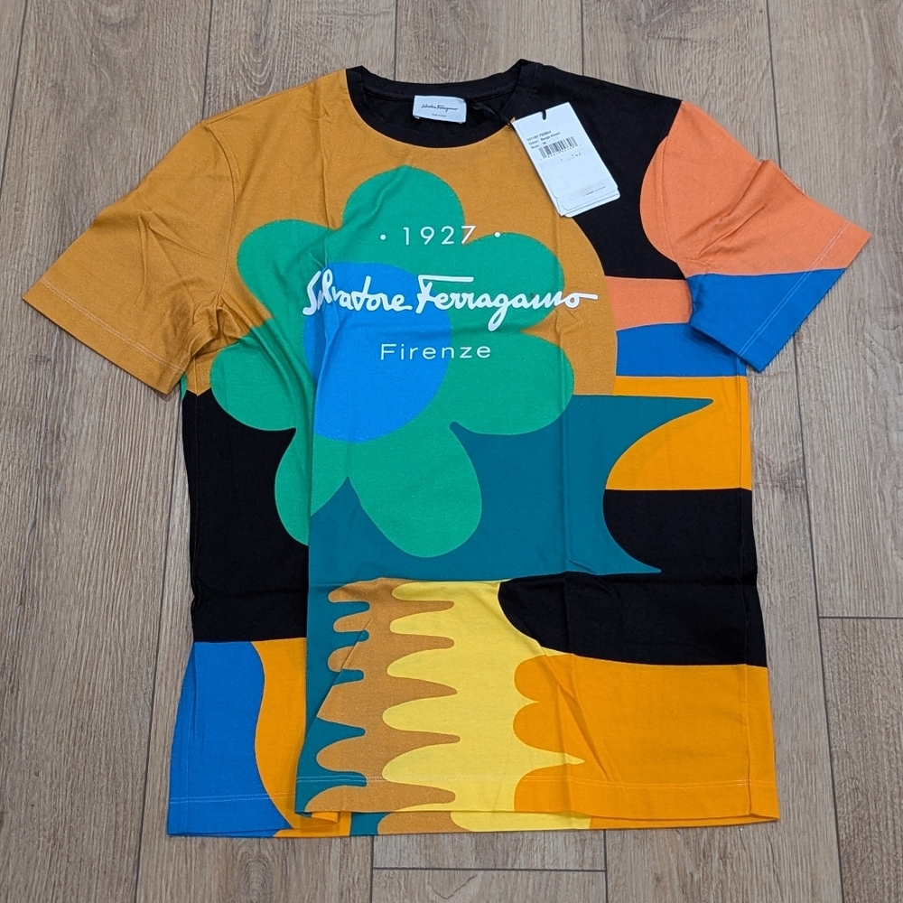 $760 Mens Salvatore Ferragamo Graphic T-Shirt Green Multi Medium